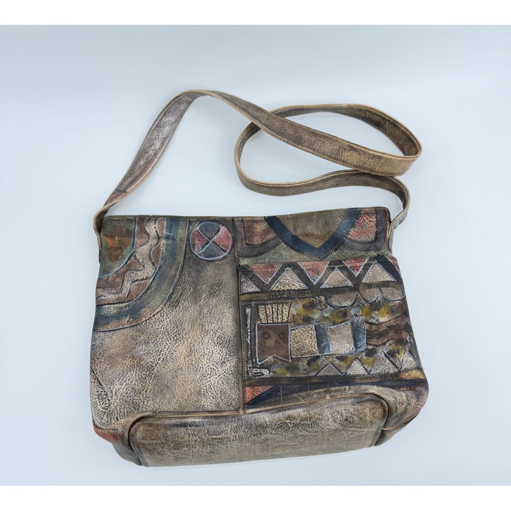 Jane Yoo Hand Painted Abstract Leather Crossbody Bag Brown - Signed